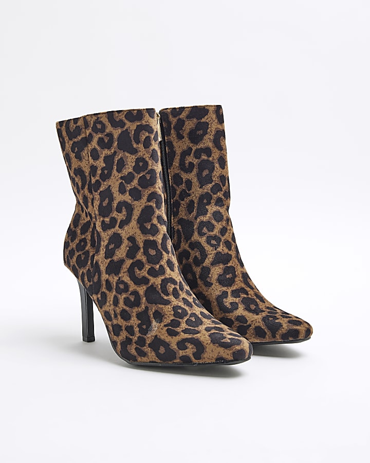 Beige Wide Fit Leopard Heeled Ankle Boots