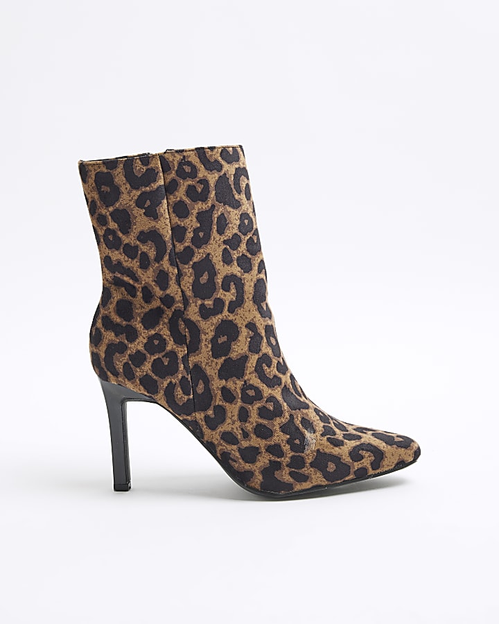 Beige Wide Fit Leopard Heeled Ankle Boots