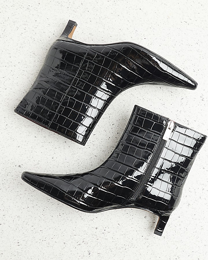 Black Wide Fit Croc Kitten Heel Ankle Boots