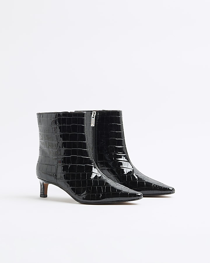 Black Wide Fit Croc Kitten Heel Ankle Boots