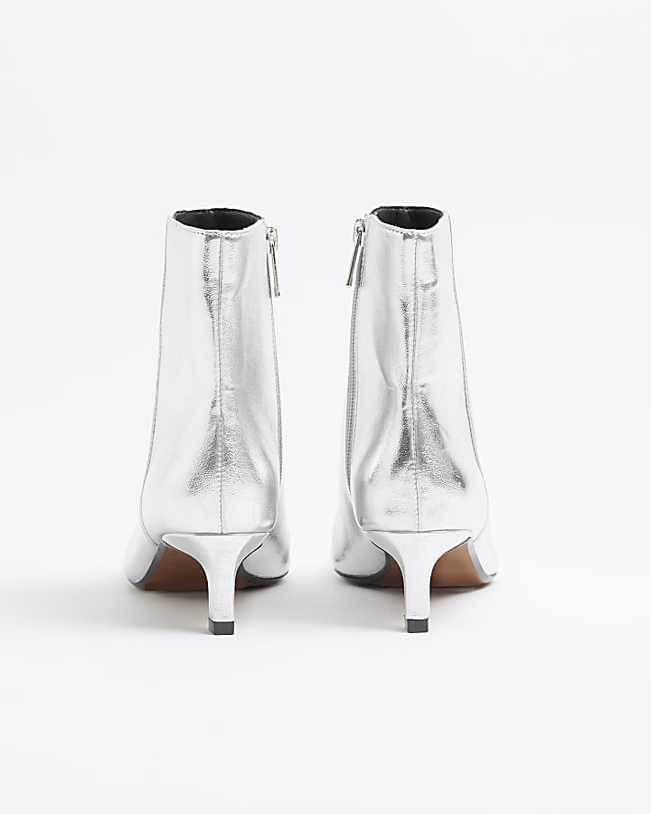 Silver Wide Fit Kitten Heel Ankle Boots