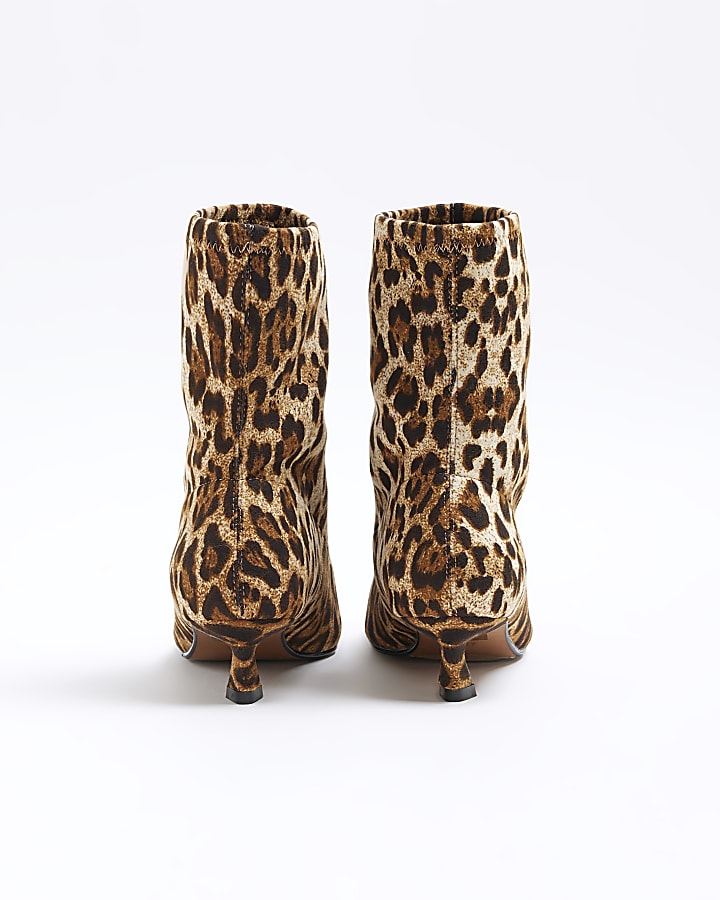 Beige Wide Fit Leopard Slant Heel Sock Boots