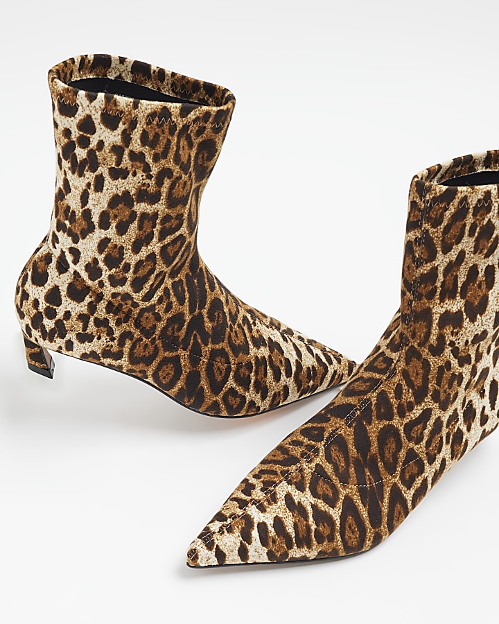 Beige Wide Fit Leopard Slant Heel Sock Boots