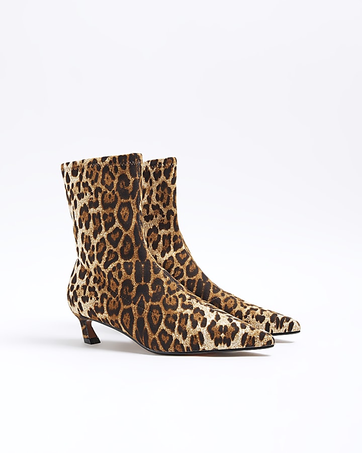 Beige Wide Fit Leopard Slant Heel Sock Boots