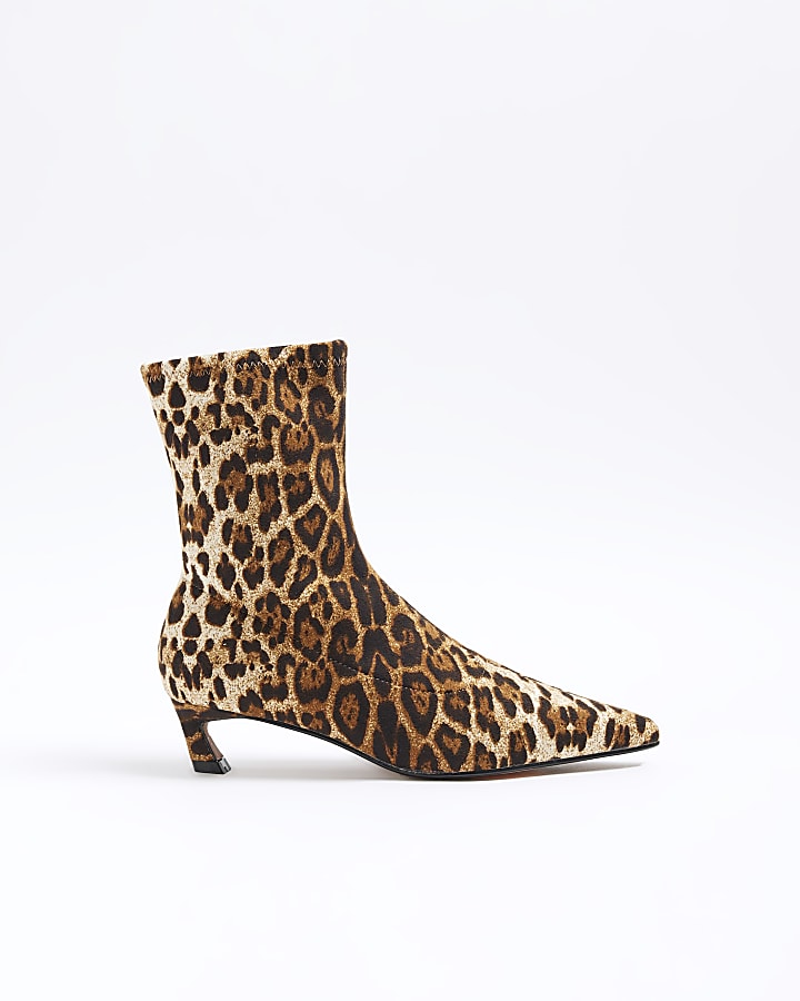 Beige Wide Fit Leopard Slant Heel Sock Boots