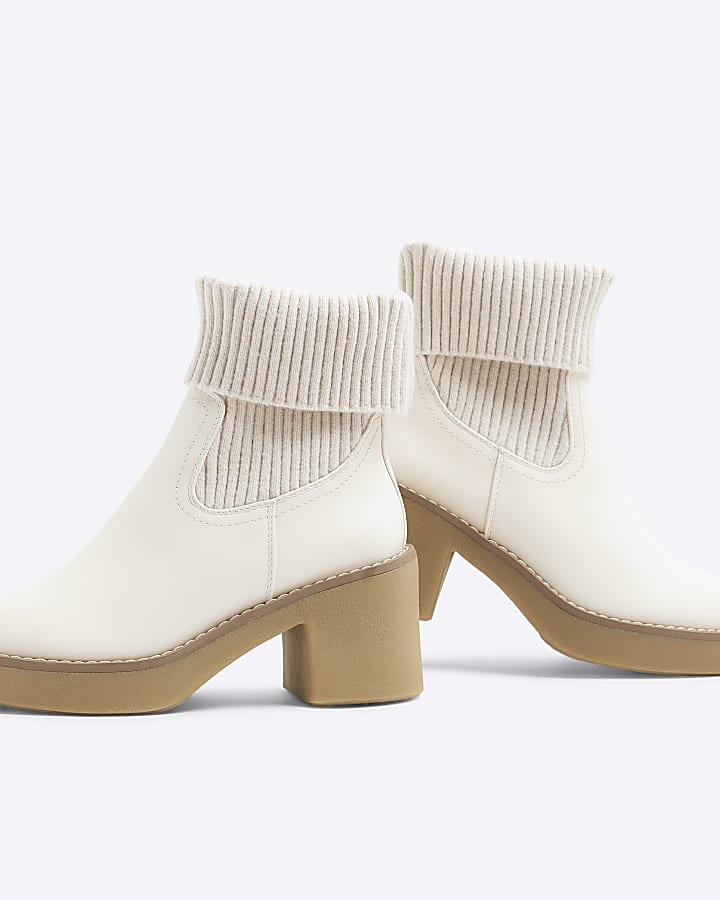 Cream Knitted Crepe Block Heeled Boots
