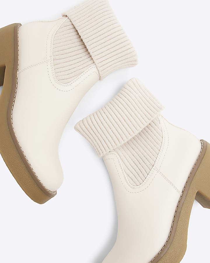 Cream Knitted Crepe Block Heeled Boots