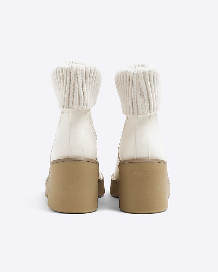 Cream Knitted Crepe Block Heeled Boots