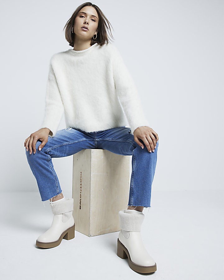 Cream Knitted Crepe Block Heeled Boots