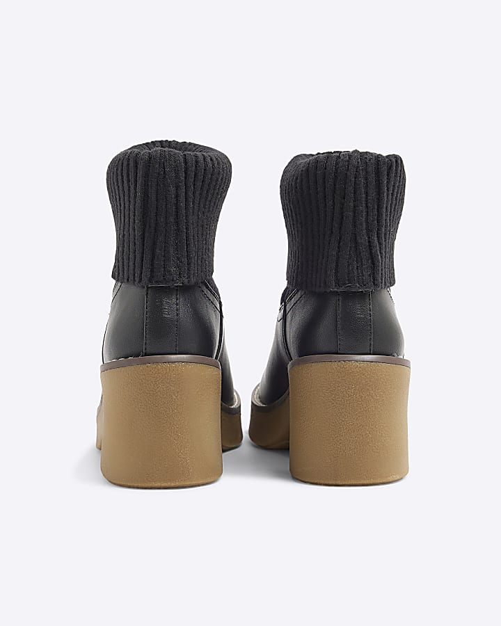 Black Knitted Crepe Block Heeled Boot