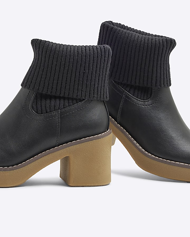 Black Knitted Crepe Block Heeled Boot