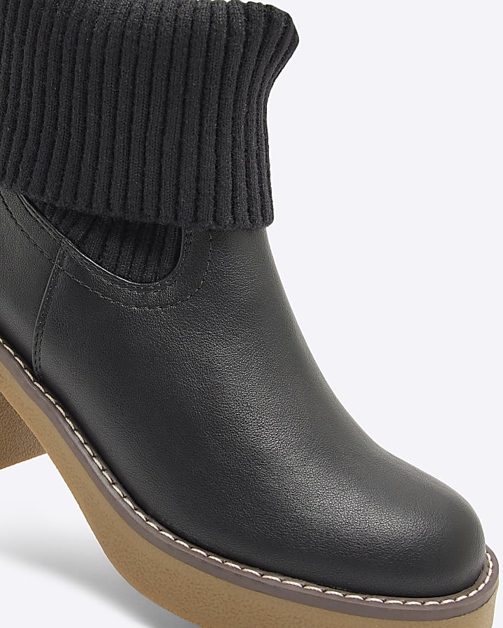 Black Knitted Crepe Block Heeled Boot