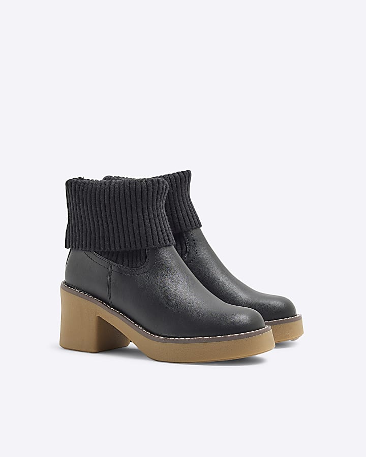 Black Knitted Crepe Block Heeled Boot