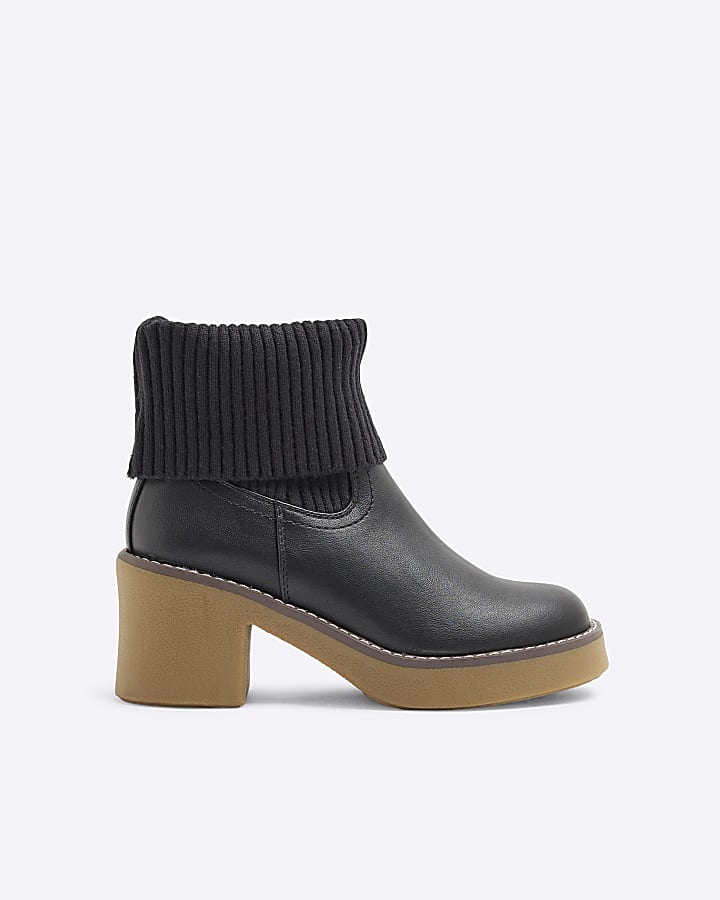 Black Knitted Crepe Block Heeled Boot