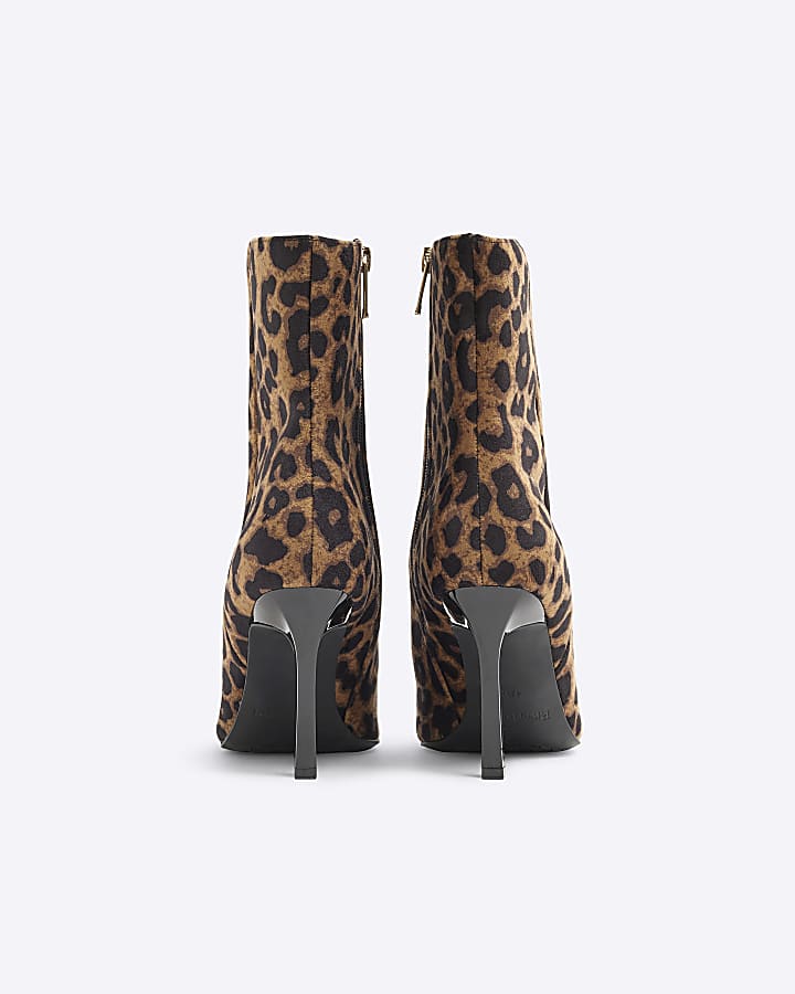 Beige Leopard Print Heeled Ankle Boots