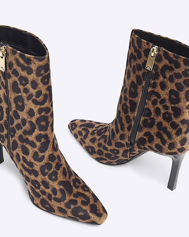 Beige Leopard Print Heeled Ankle Boots