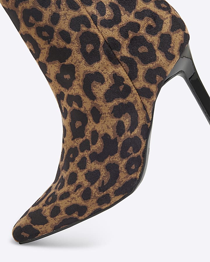 Beige Leopard Print Heeled Ankle Boots