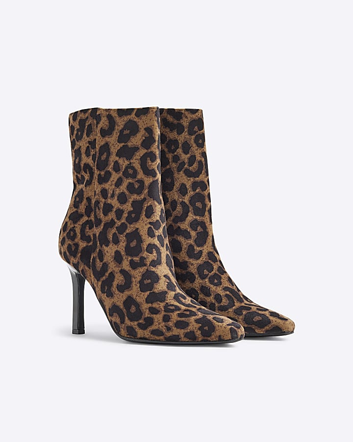 Beige Leopard Print Heeled Ankle Boots