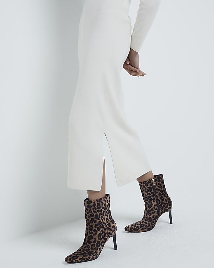 Beige Leopard Print Heeled Ankle Boots