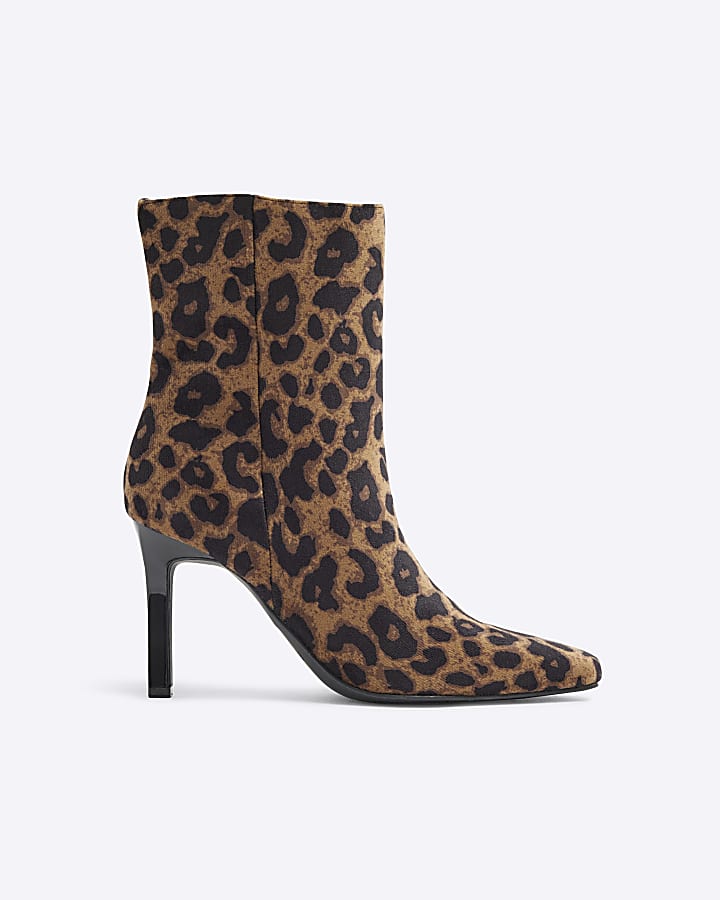 Beige Leopard Print Heeled Ankle Boots