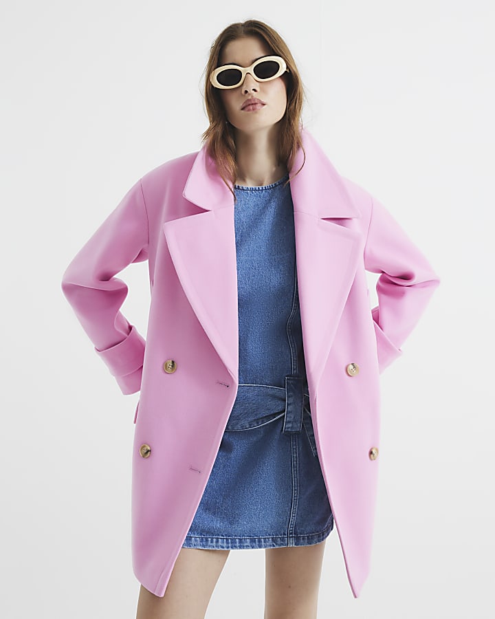 Pink Double Breasted Pea Coat River Island