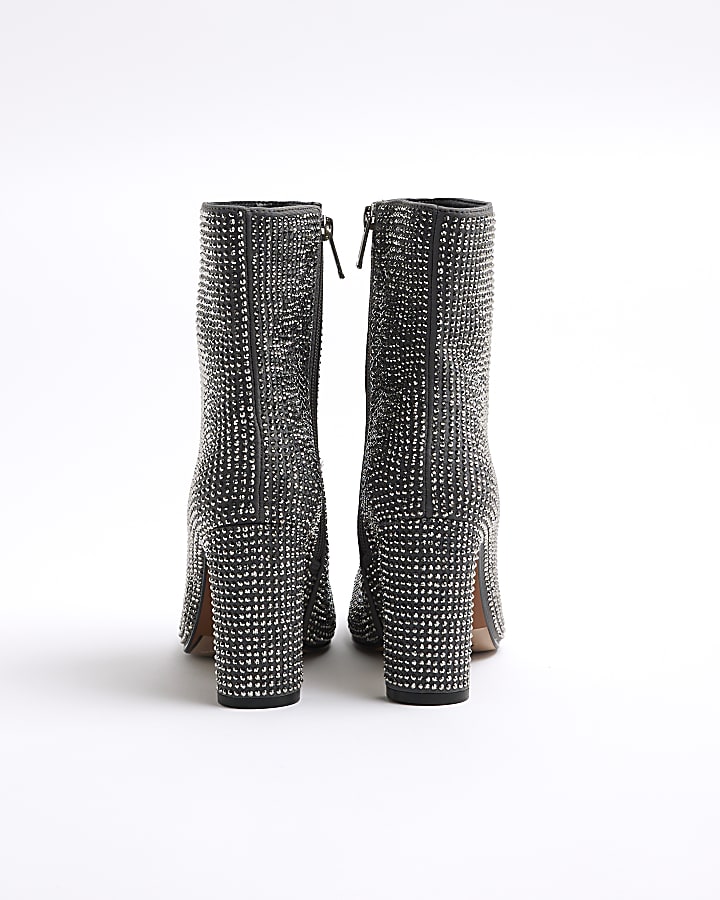 Grey Embellished Heeled Boots