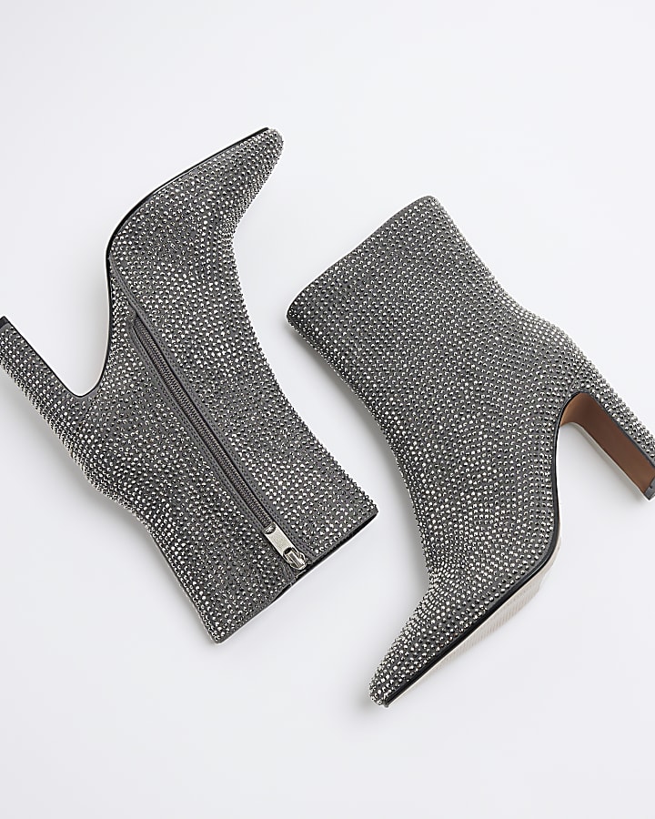 Grey Embellished Heeled Boots