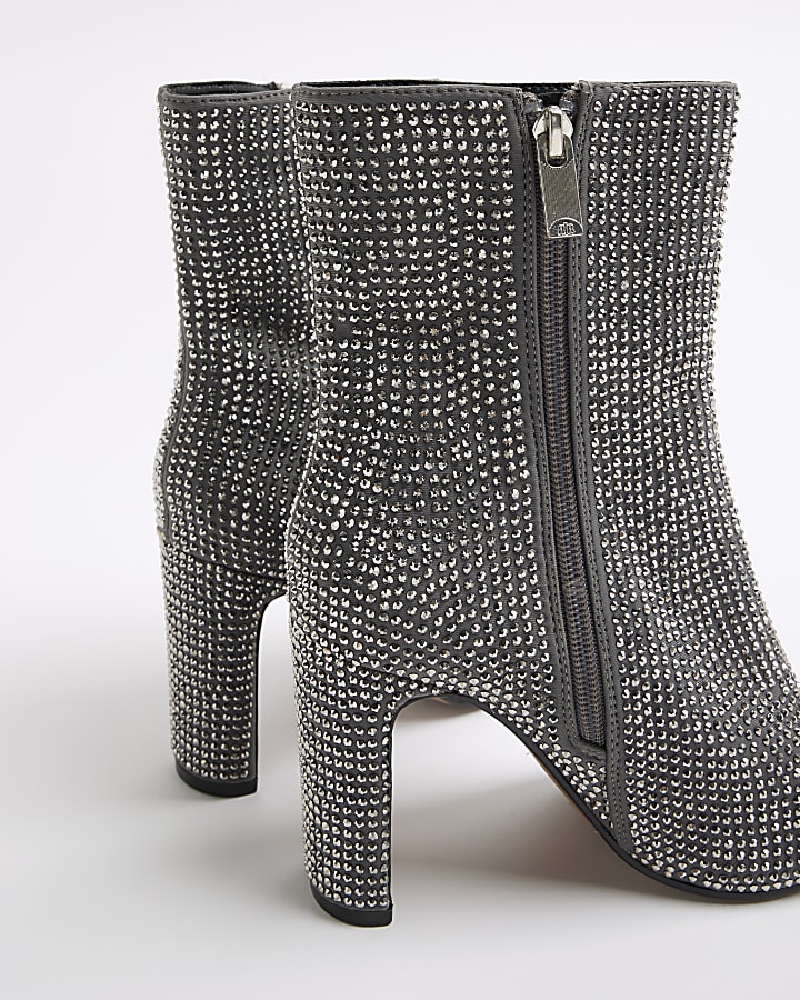 Grey Embellished Heeled Boots