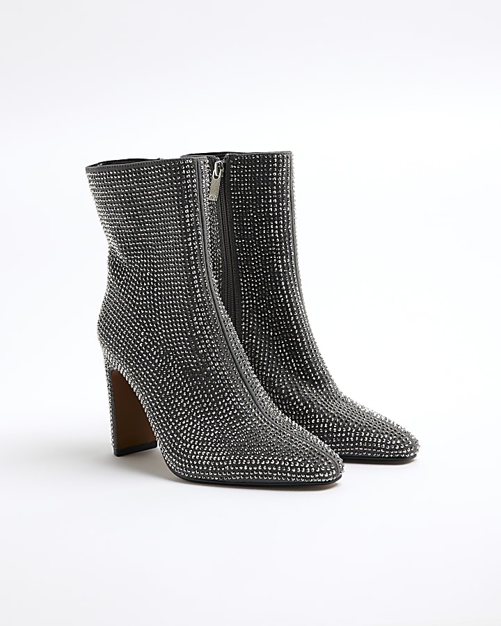 Grey Embellished Heeled Boots