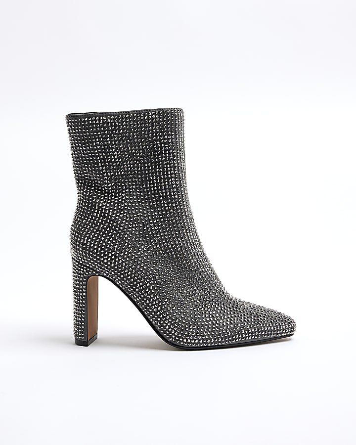 Grey Embellished Heeled Boots