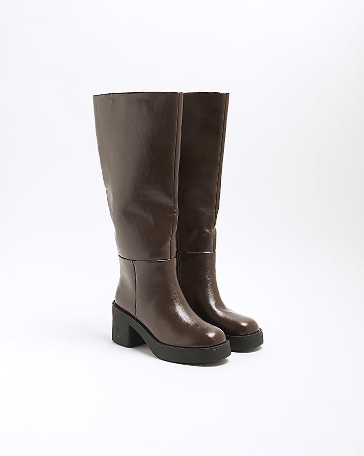 Brown Faux Leather High Leg Boots