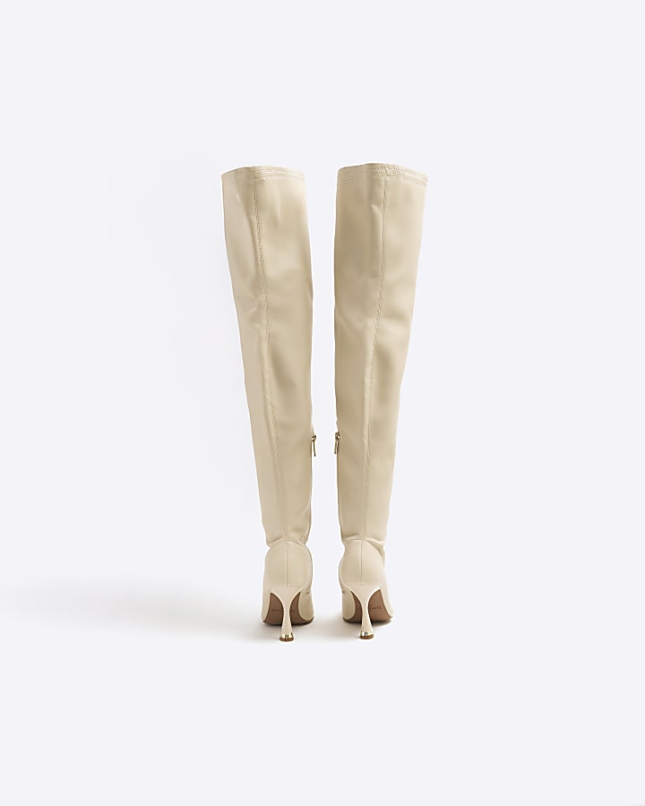 Cream Over The Knee Heeled Boots