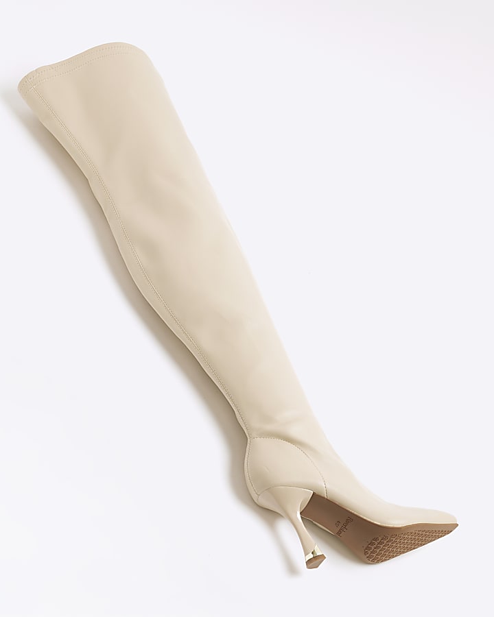 Cream Over The Knee Heeled Boots