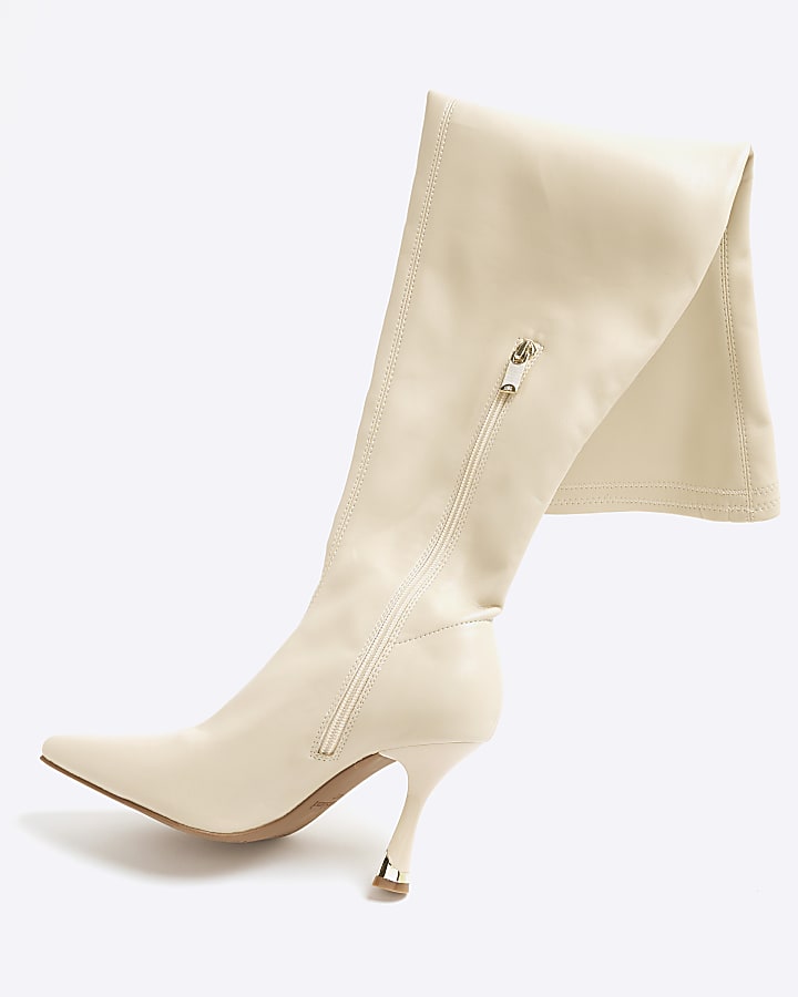 Cream Over The Knee Heeled Boots