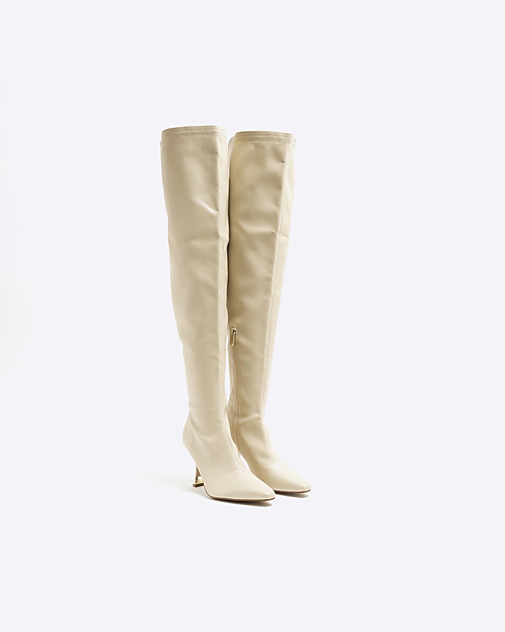 Cream Over The Knee Heeled Boots