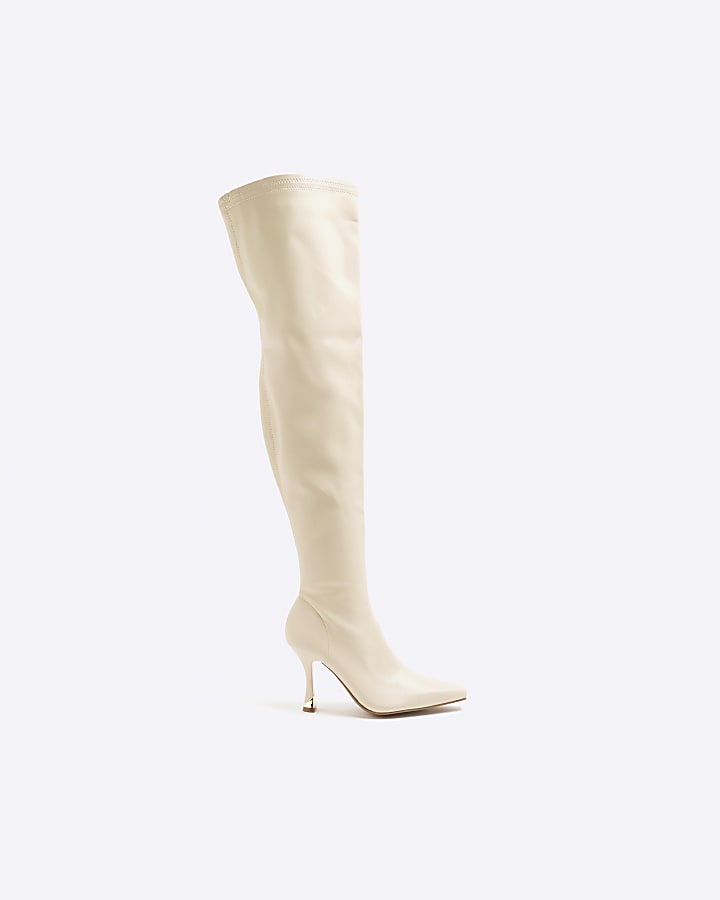 Cream Over The Knee Heeled Boots