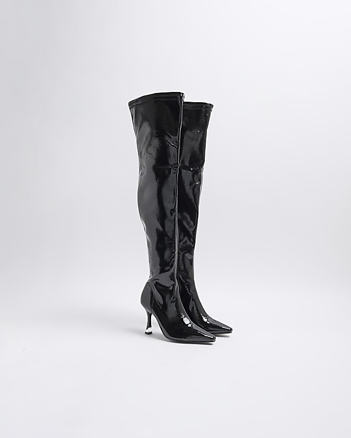 Black Patent Over The Knee Heeled Boots