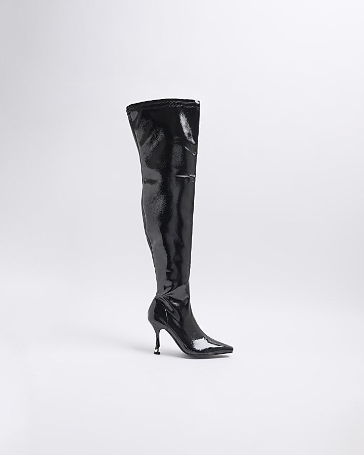Black Patent Over The Knee Heeled Boots