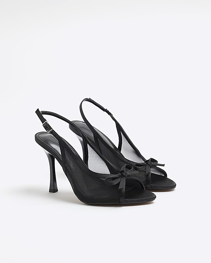 Black Mesh Bow Heeled Sandals