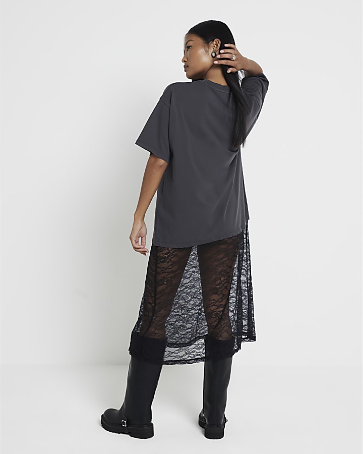 Petite Grey hybrid Lace T-Shirt Midi Dress