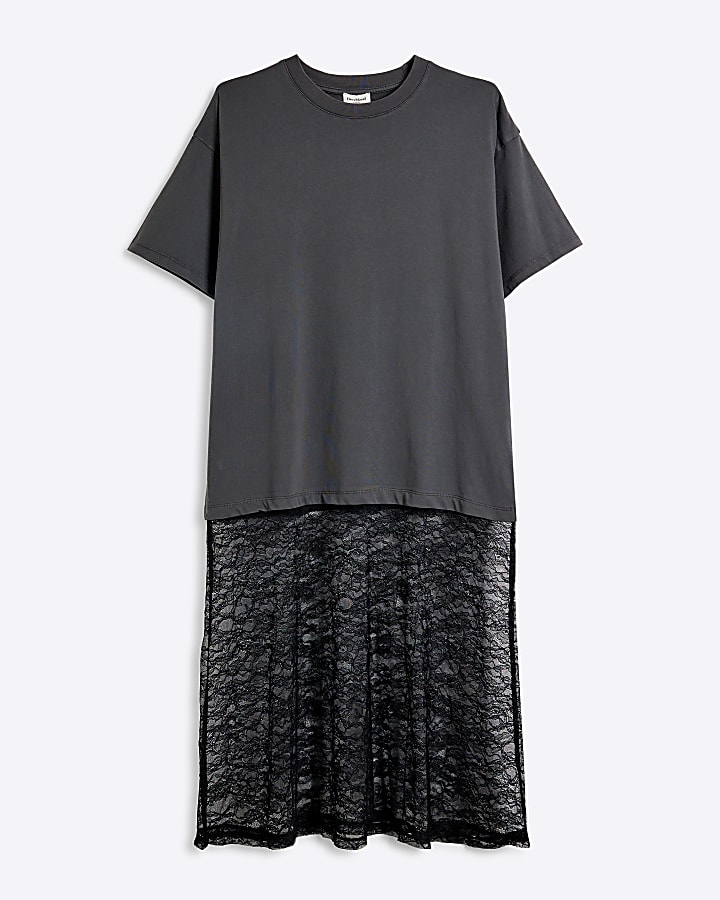 Petite Grey hybrid Lace T-Shirt Midi Dress