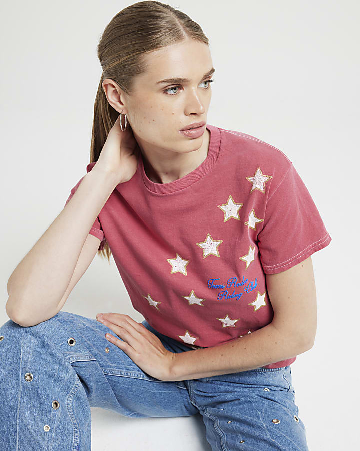 Red washed star graphic t-shirt