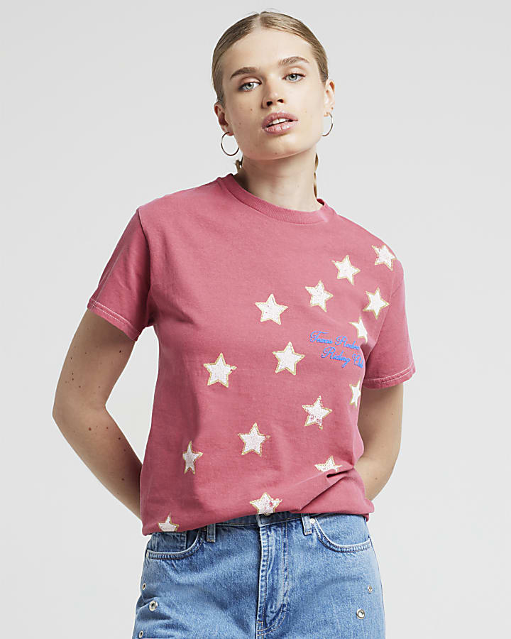 Red washed star graphic t-shirt