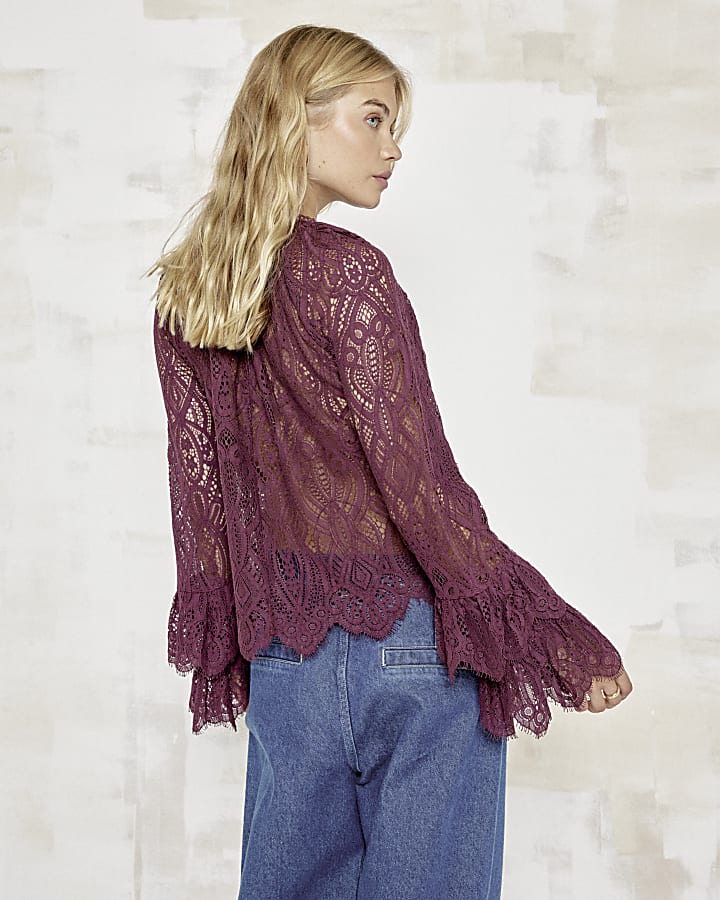 Red Lace Frill Sleeves Blouse
