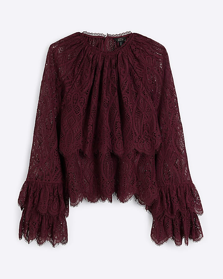 Red Lace Frill Sleeves Blouse