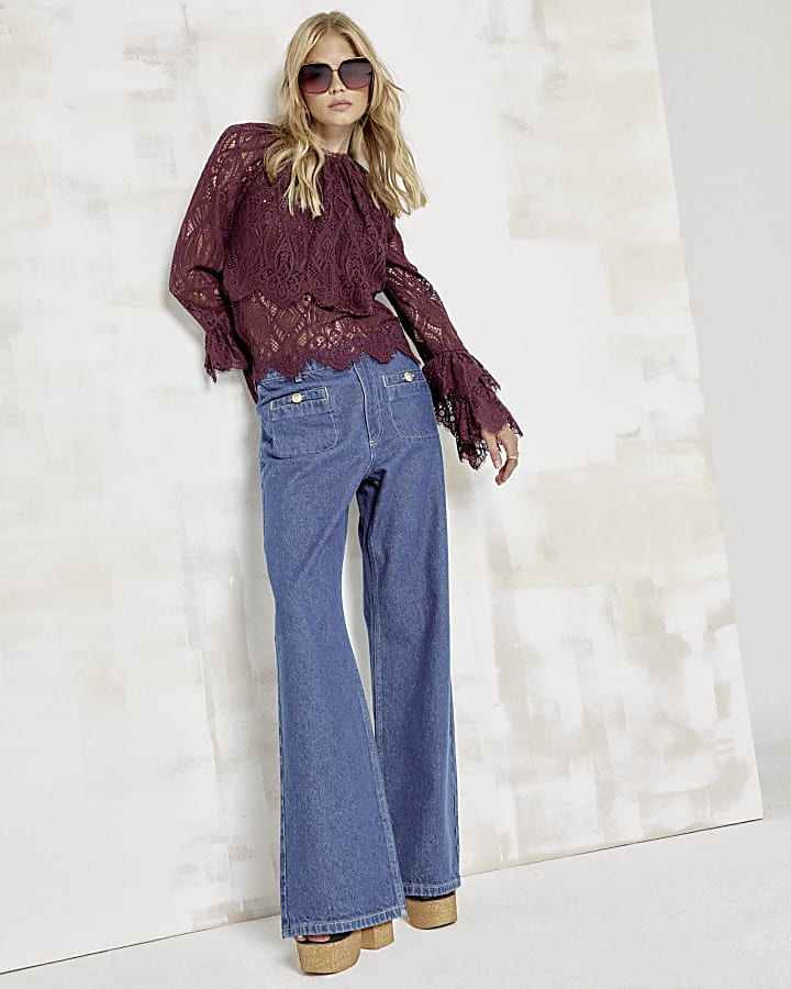 Red Lace Frill Sleeves Blouse