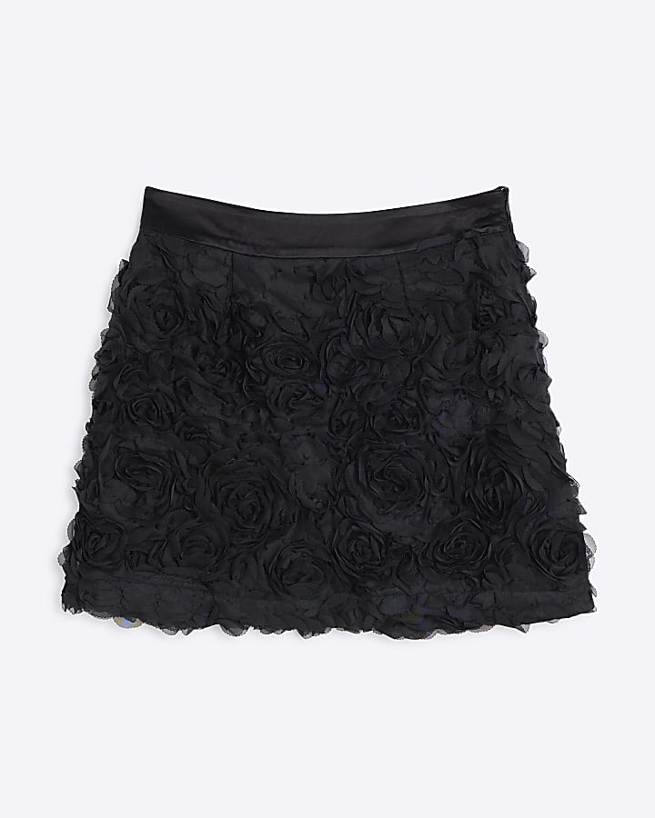 Black Mesh 3D Floral Mini Skirt