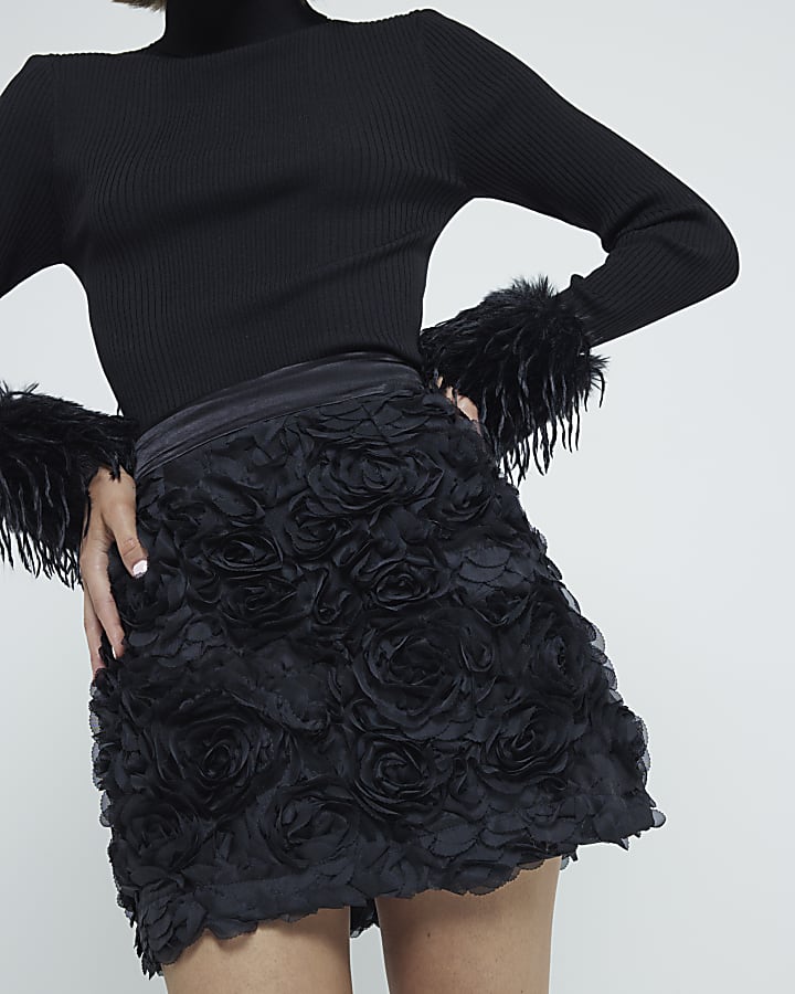 Black Mesh 3D Floral Mini Skirt