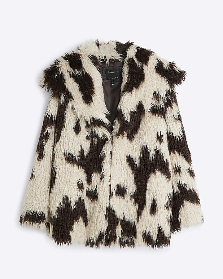 Cream Faux Fur Cow Print Coat