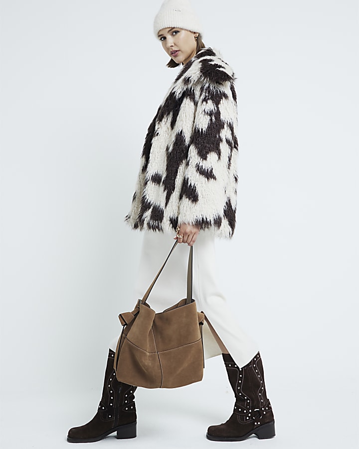 Cream Faux Fur Cow Print Coat